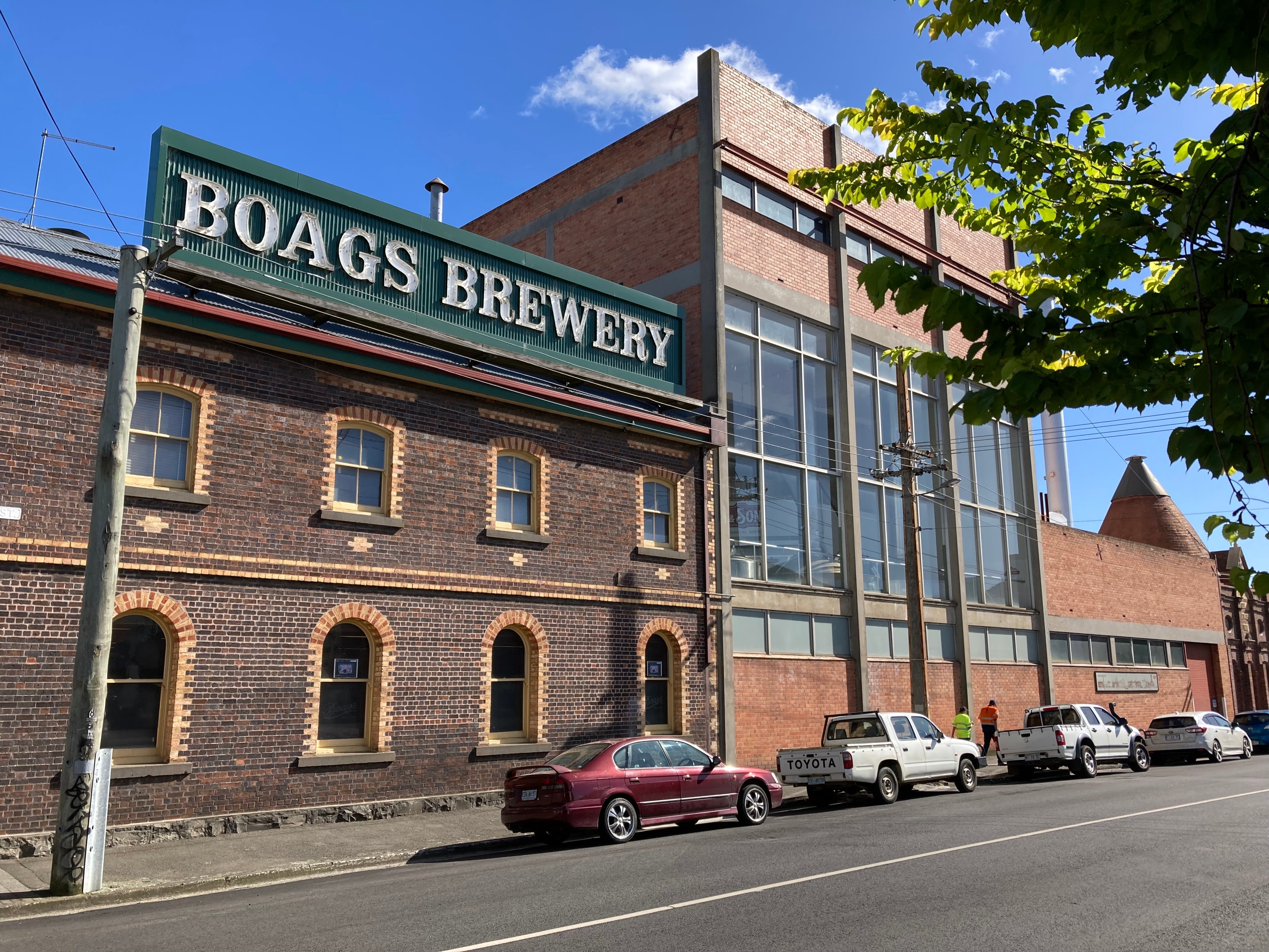 A red brick building with a large Boags Brewery sign.