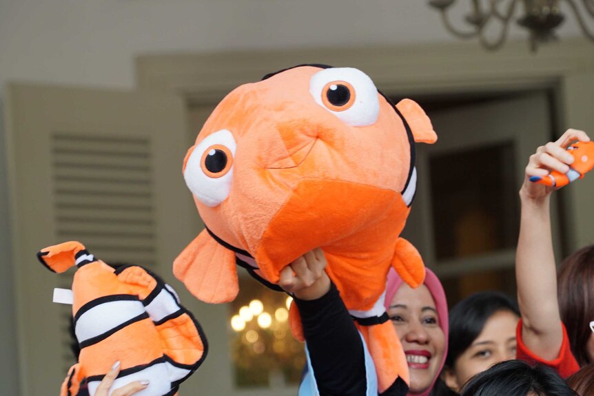 A woman waves a large Nemo plush toy