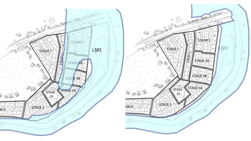 Two maps of the same area side by side, with a blue area representing flood risk.
