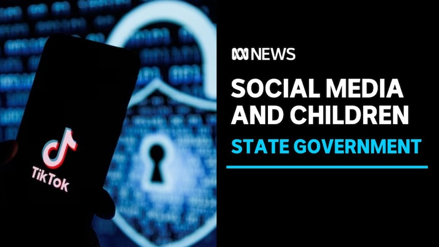 Social Media and Children, State Government: A phone showing the TikTok app is held against backdrop of a screen with a padlock