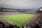 Artist impression of interior view of sporting event underway at proposed Te Kaha stadium.