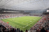 Artist impression of interior view of sporting event underway at proposed Te Kaha stadium.