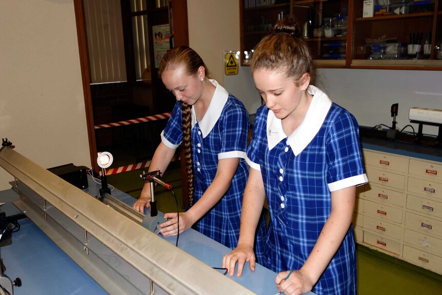 Year 9 students Talei Forrest (left) and Maddi Ingram (right) enjoying the new science centre.