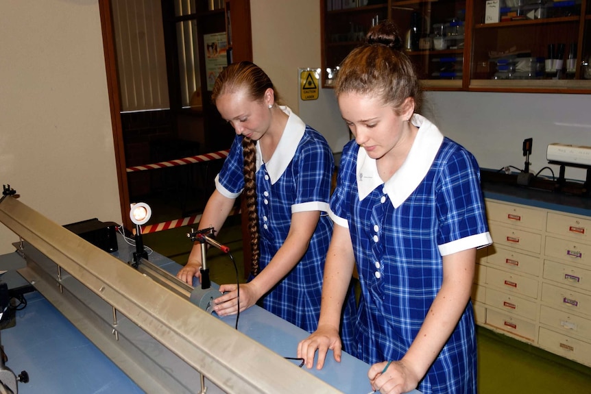 Year 9 students Talei Forrest (left) and Maddi Ingram (right) enjoying the new science centre.