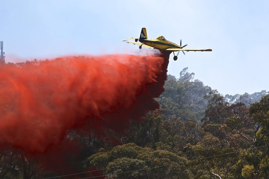 Water bomber dumps fire retardant on bushfires