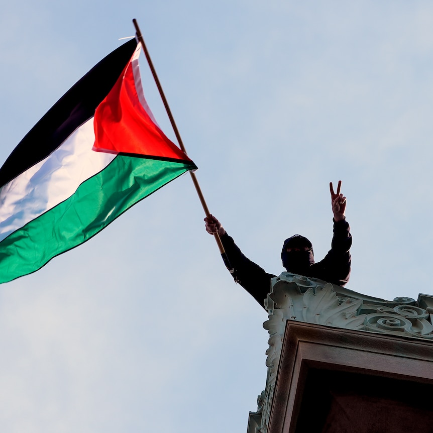 A protester on the roof of a building holds up the peace/victory sign and waves a Palestinian flag