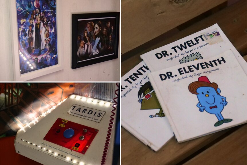 A collage showing framed pictures, books and a table with buttons and lights.
