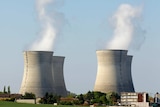 Several nuclear power cooling chimneys emit steam.