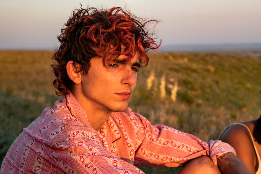 A pale young man with dyed red hair in a patterned shirt looks wistfully into the distance, at sunset