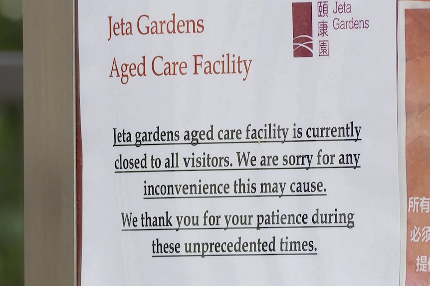 COVID closed sign at entrance to Jeta Gardens aged care facility.