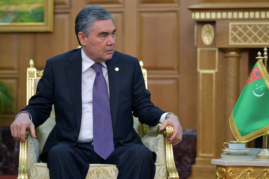 Turkmen President Gurbanguly Berdimuhamedov attends a meeting in his office in the capital Ashgabat.