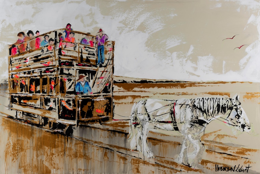 Un dipinto dell'isola di granito al tram trainato da cavalli di Victor Harbor.