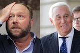A composite image of Alex Jones rubbing his head and Roger Stone smiling 