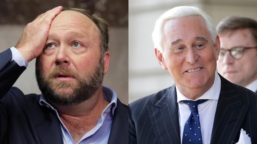 A composite image of Alex Jones rubbing his head and Roger Stone smiling 