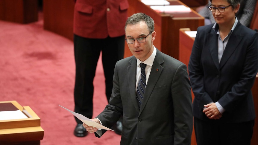 Independent South Australian Senator Tim Storer is being sworn in. Penny Wong is in the background.