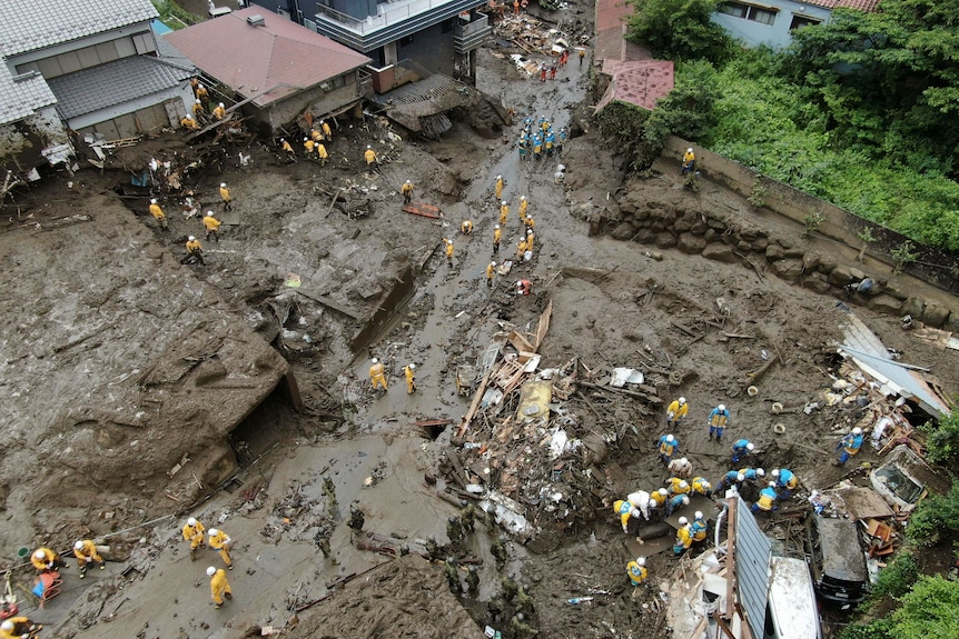 Aerial view of search operation in Atami mud and debris 