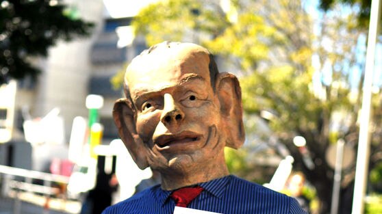 A protester dressed as Tony Abbott outside the Labor Party's election campaign launch in Brisbane
