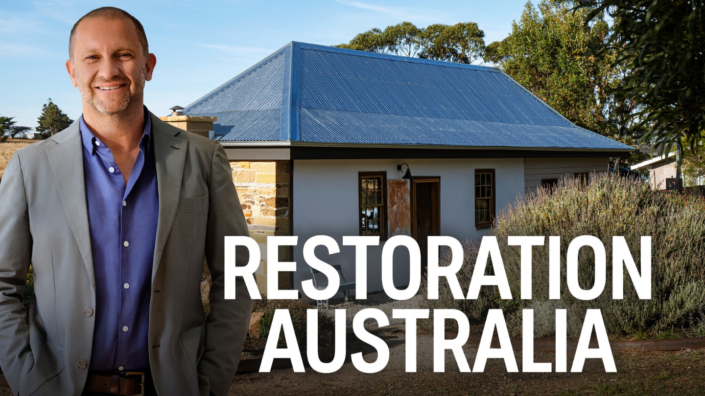 Image of a man in front of a home with text: Restoration Australia