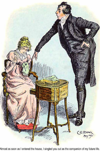 A 1895 illustration of Mr Collins' proposal in Pride and Prejudice.