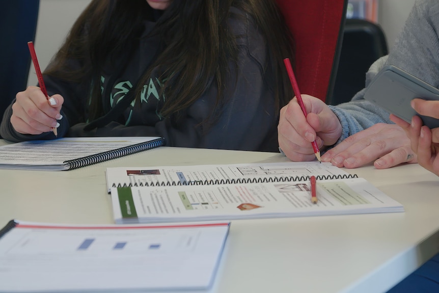 Two people, whose faces we cannot see, hold pens as they work through a problem in a textbook.