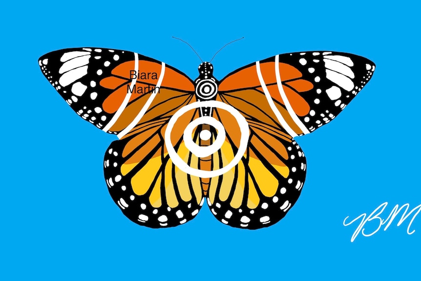 A graphic of a yellow, orange, red, and brown butterfly.