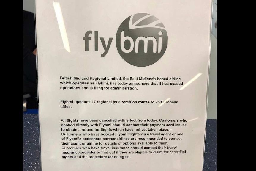 A notice to passengers' says that flybmi flights have been cancelled.