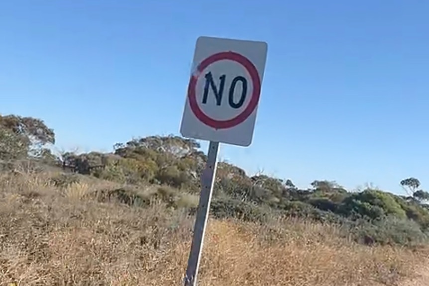 A speed limit sign that has been altered to say "No" stands on a roadside next to scrubland.