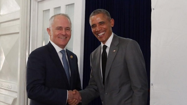 Prime Minister Turnbull and president Obama greet