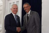Prime Minister Turnbull and president Obama greet