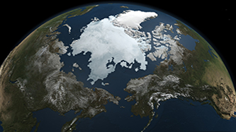 An image of the globe in space, the artic facing the camera.