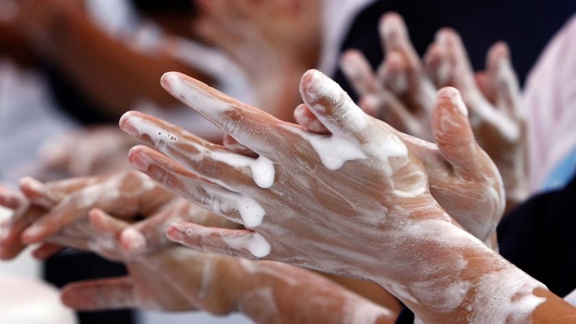 Schoolchildren wash their hands