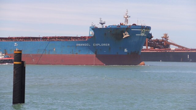 MV Anangel Explorer leaves Port Hedland harbour.