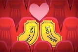 Illustration of two 'admit one' tickets sitting on cinema seats with a love heart to depict the best and worst date movies.