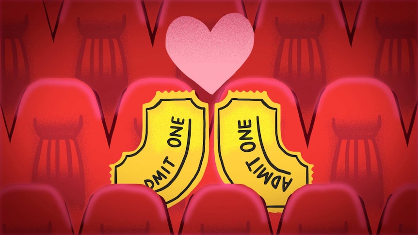Illustration of two 'admit one' tickets sitting on cinema seats with a love heart to depict the best and worst date movies.