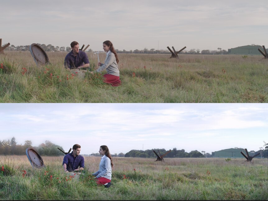 In two images, one on top of the other, two people sit talking in a field of grass, with trees in the distant background