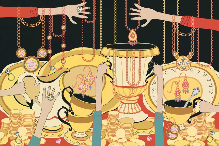 An illustration shows several hands holding jewellery and gold items.