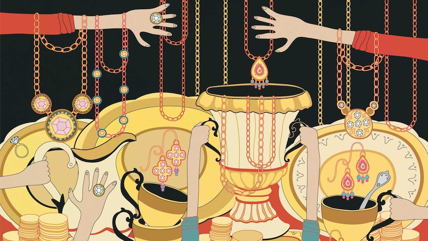 An illustration shows several hands holding jewellery and gold items.