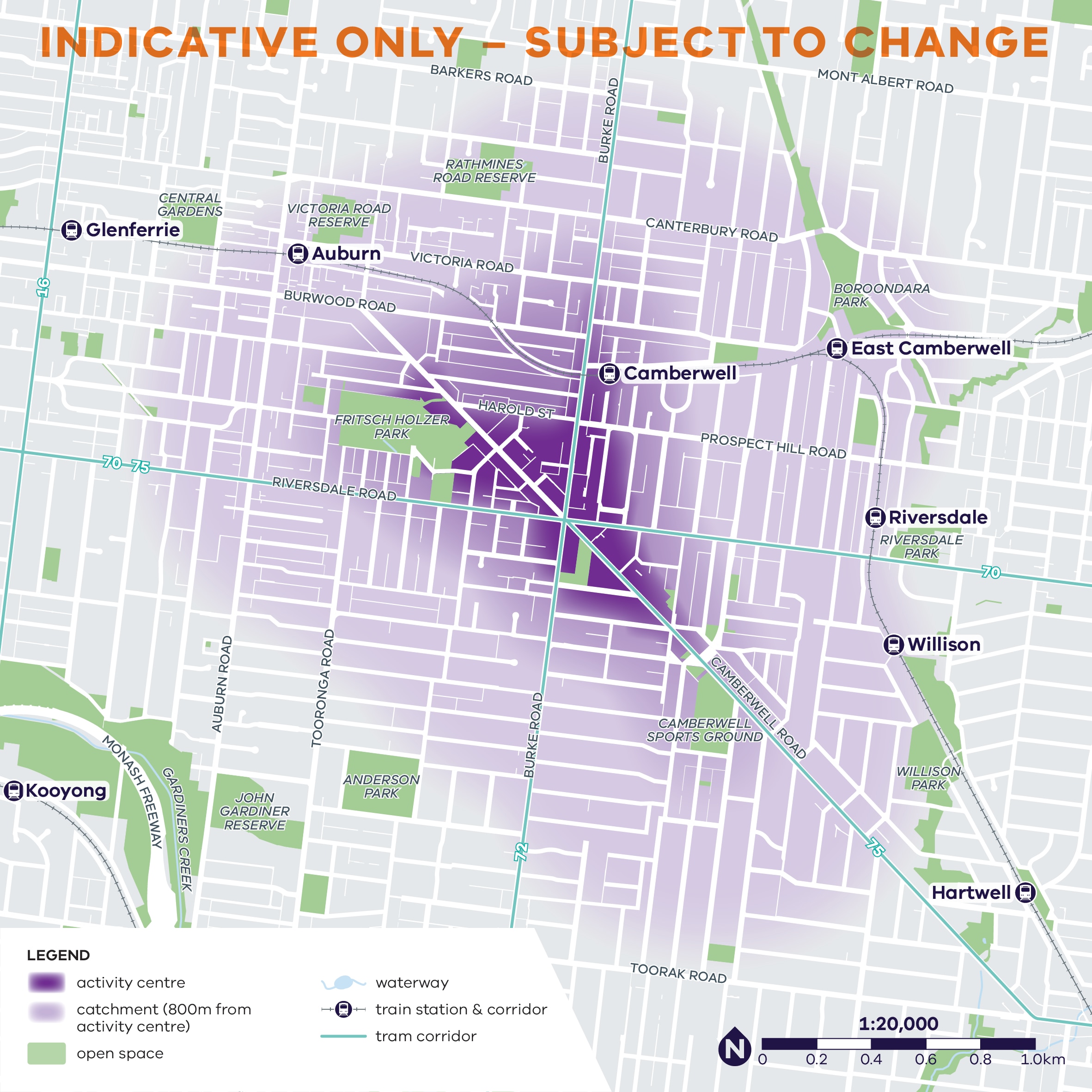 A map showing the main area of Camberwell Junction shaded in.