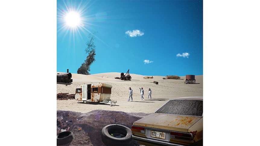 The artwork for DZ Deathrays' 2019 album Positive Rising: Part 1 depicting the band in a desert
