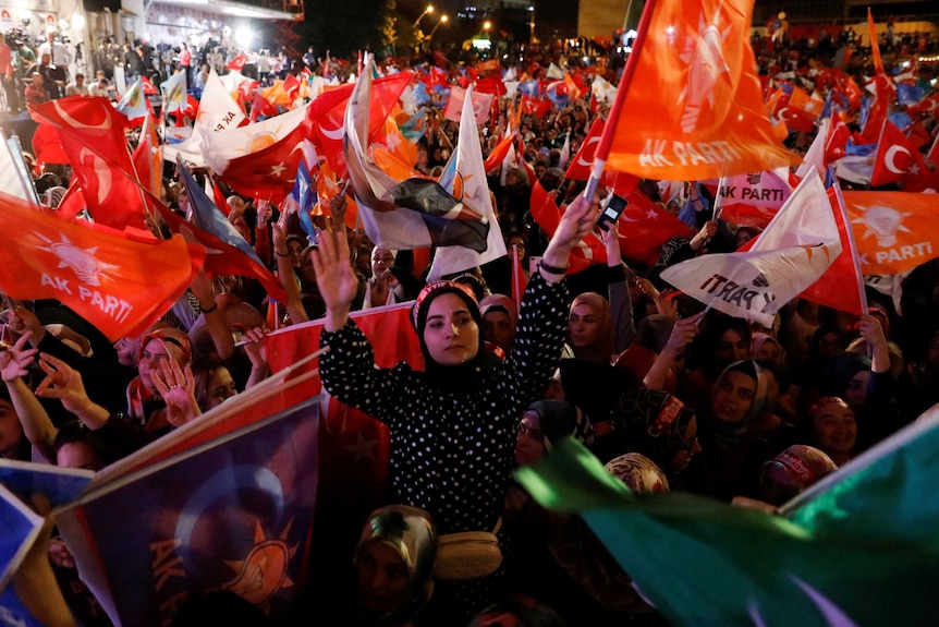 AK Party supporters wave flags.