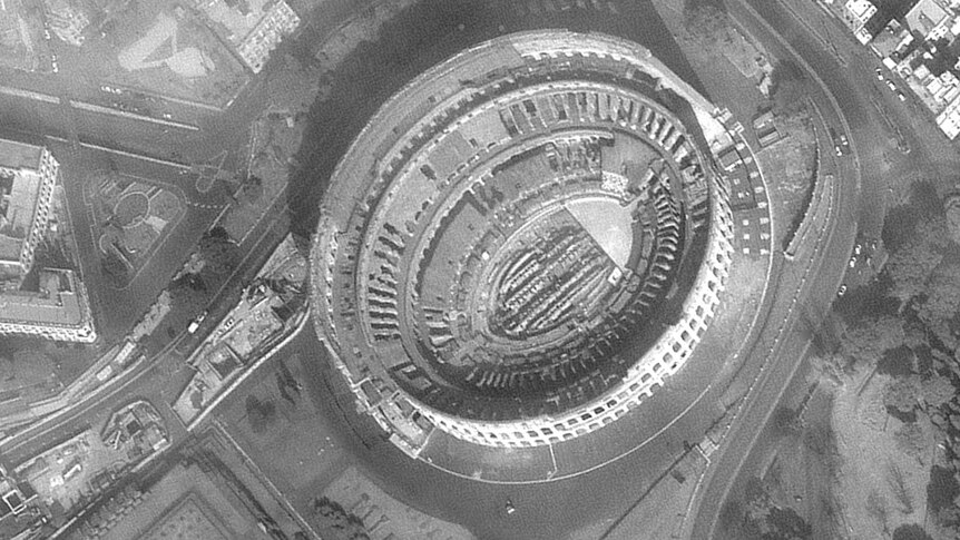 A satellite image of the Coliseum. The streets around it are empty.