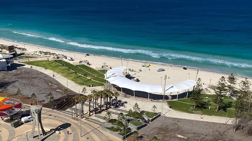 Aerial shot of a beach.