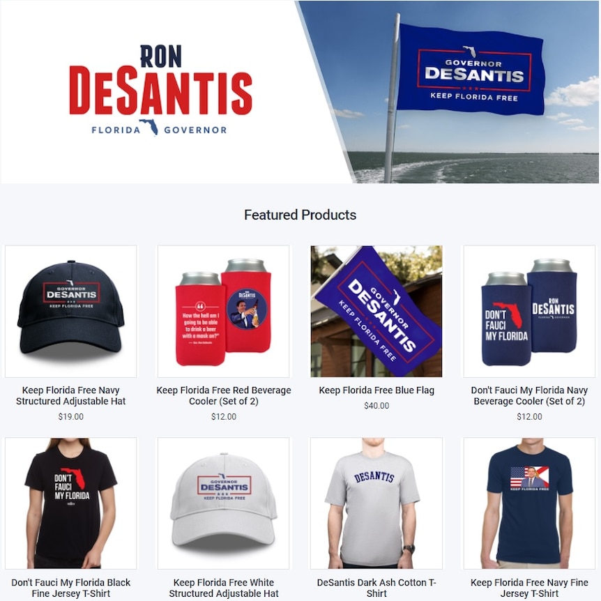 A website screenshot of Ron DeSantis' election campaign merchandise.