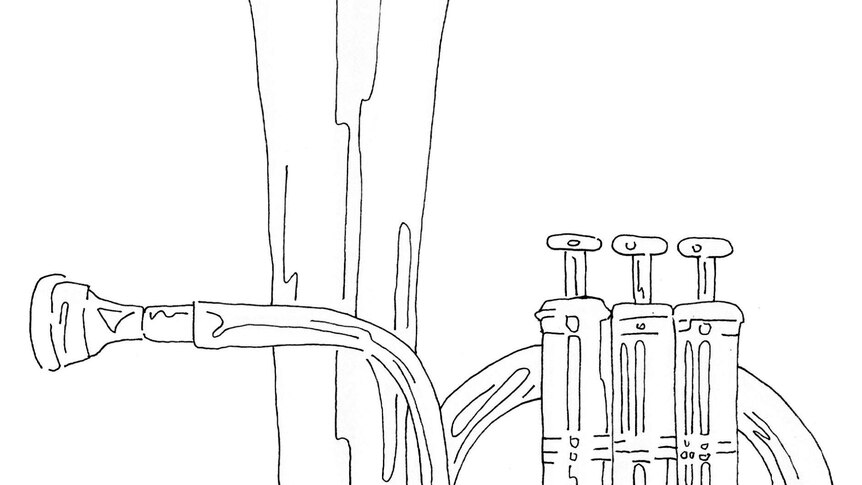A line drawing of a tuba.