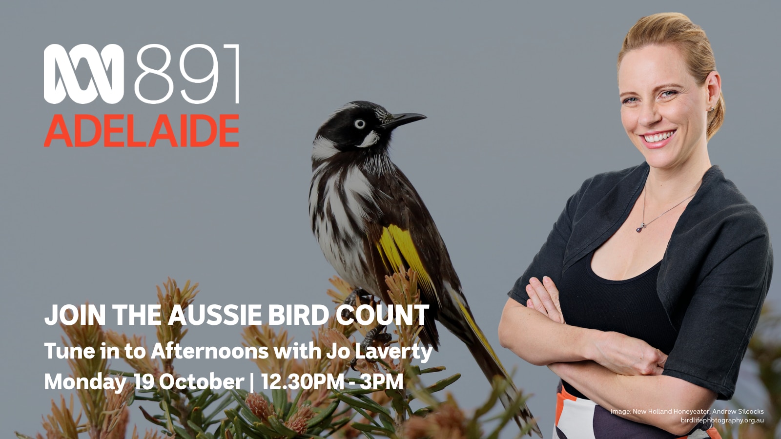 Woman with her arms crossed smiling. Bird in background. Aussie Bird Count
