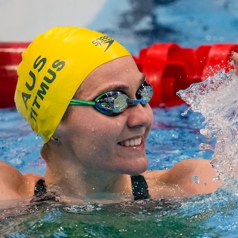 Ariarne Titmus in a swimming pool, post race