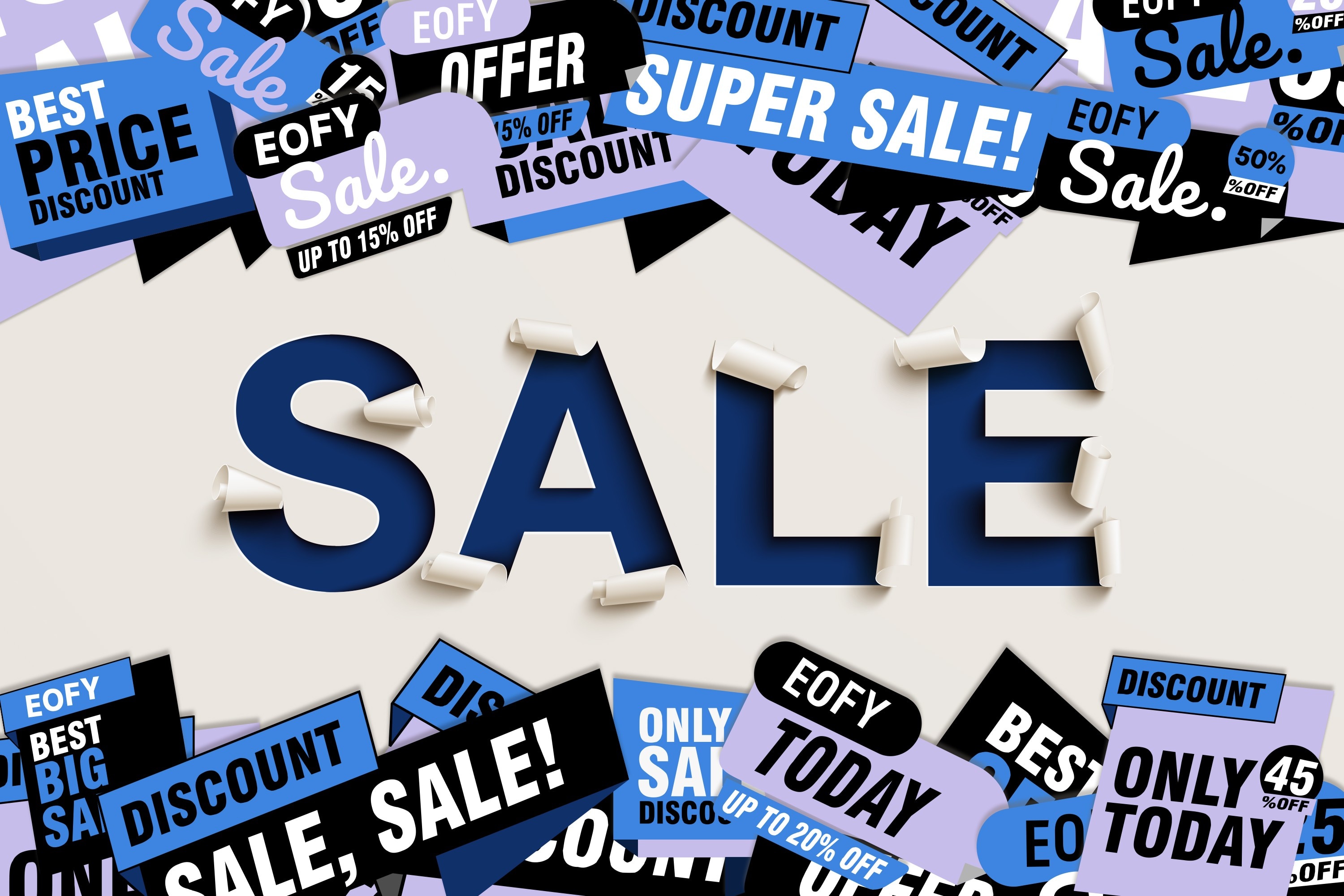 A collection of advertising-style graphics promoting nondescript end of financial year sales