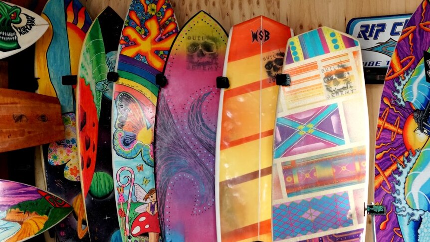 Six colourful boards painted by Jeremy Ievins lined up next to each other in his shed