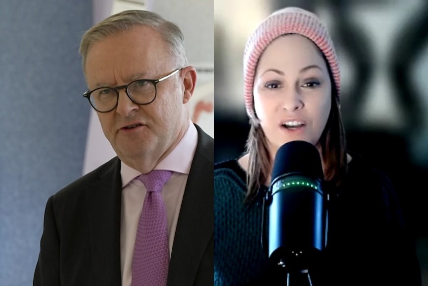 A side by sad image of Anthony Albanese wearing a purple tie and a woman wearing a pink hat behind a microphone