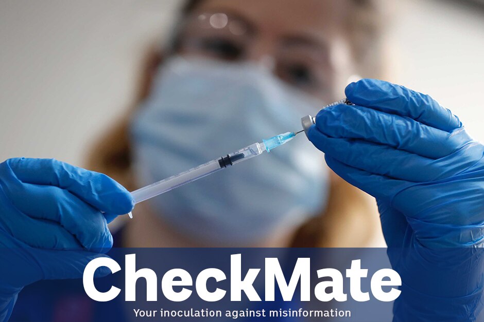 A woman wearing a mask in background using a syringe to draw from a vial. A blue banner is present which says "CHECKMATE"